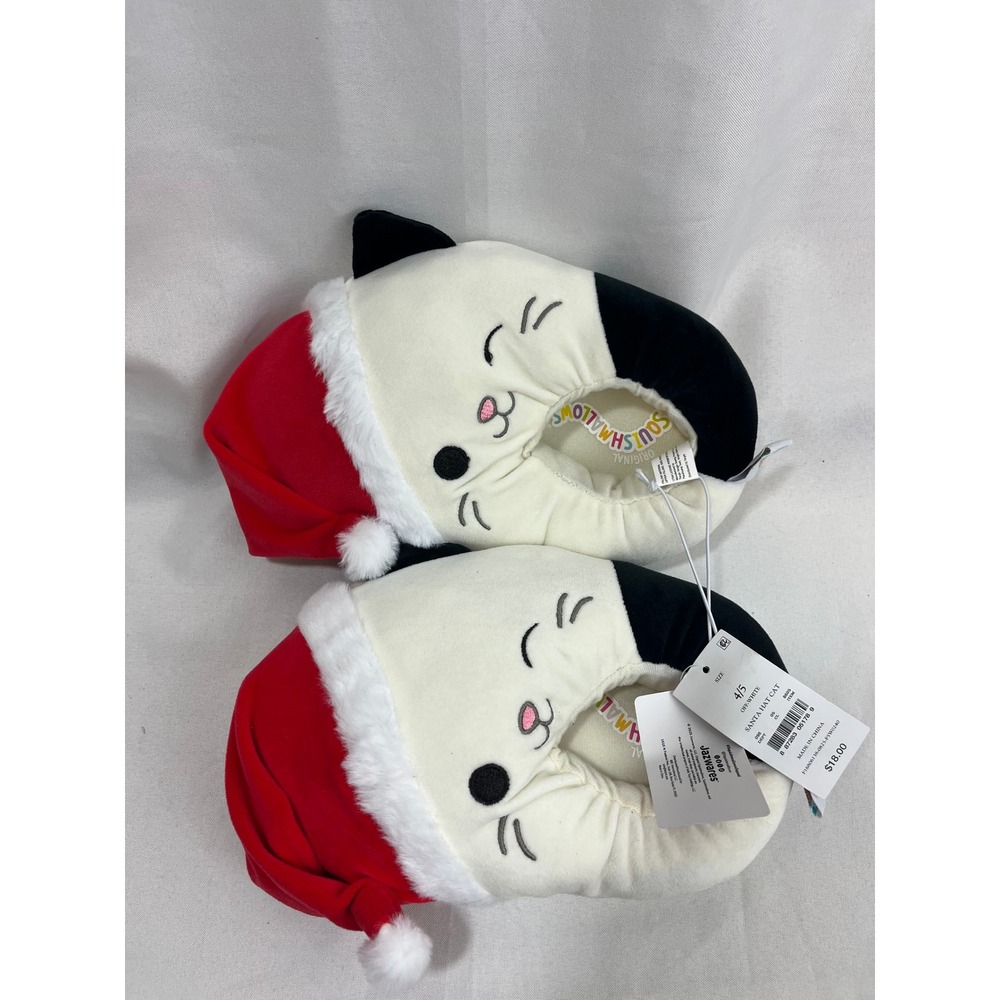 Squishmallows Santa Hat Cat Slippers Off-White Christmas Plush Size 4/5 NEW
